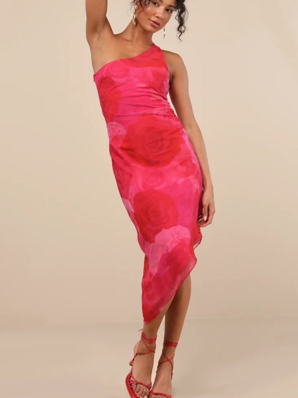 LULUS y2k style One-Shoulder Pink Floral Asymmetrical bias cut Dress small